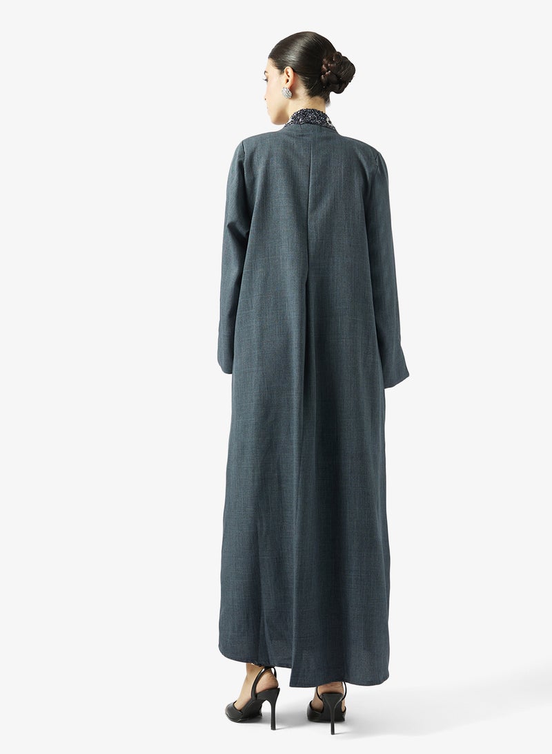hayas closet Floral Embroidered And Embellished Open Front High Neck Abaya - Image 2